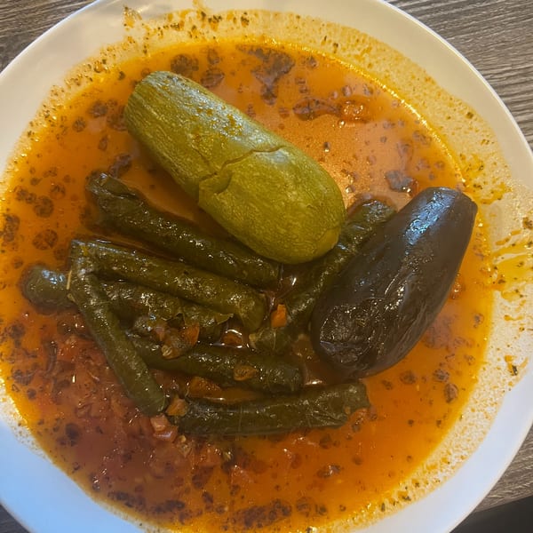 A plate of Lebanese stuffed grape leaves, zucchini, and eggplant in a rich tomato sauce.